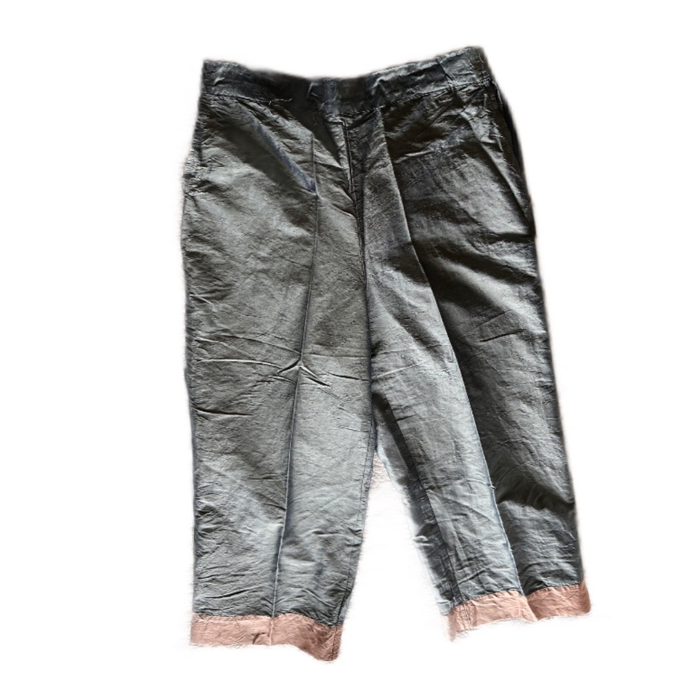 🌷CP Shades Silk Blue/Pink Border Wide Leg Elastic Waist Pants Size L